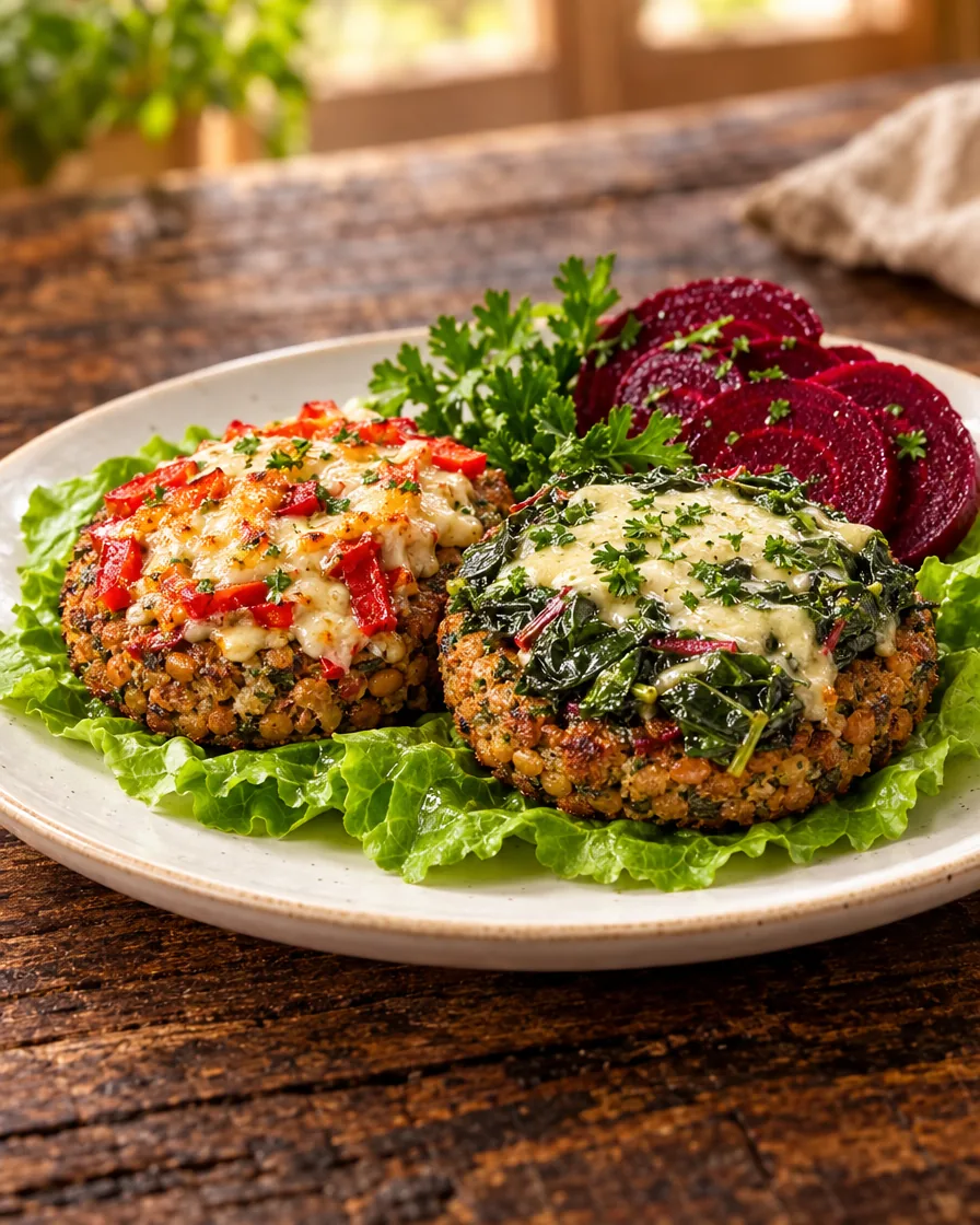 Dos hamburguesas veganas de legumbres, una con morrón y otra con acelga, servidas con lechuga y remolacha